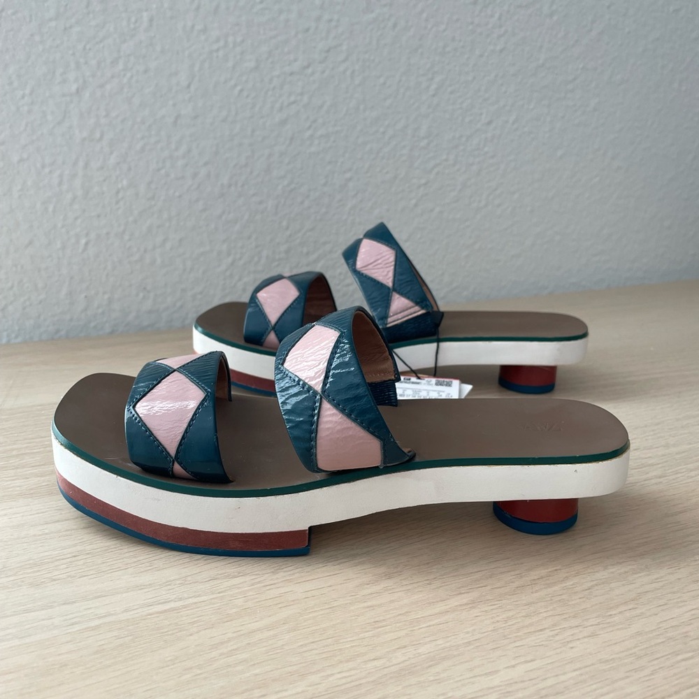 NIB Zara Studio Asian Style Leather Clogs Sandals Pink Dark Teal - Picture 5 of 8